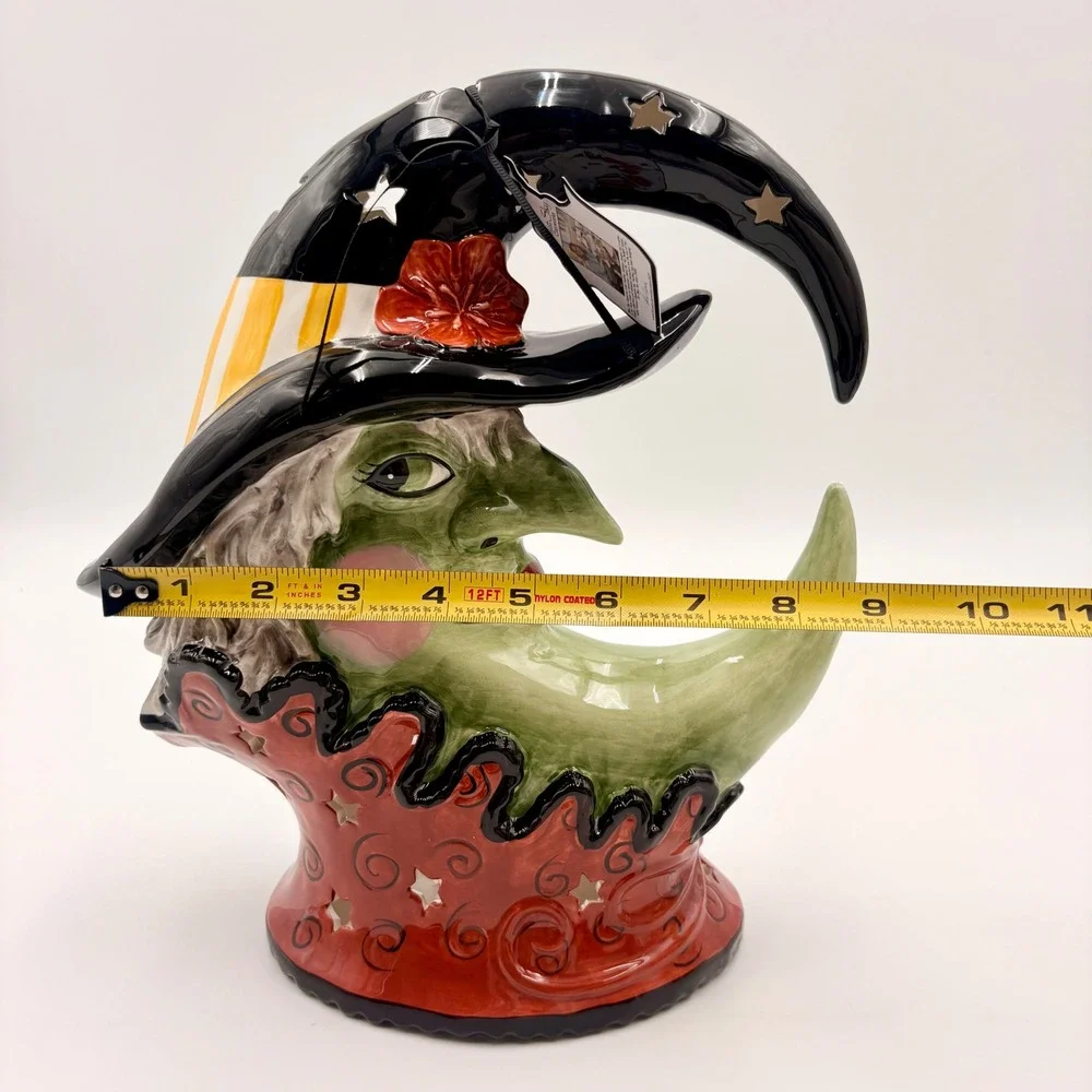 Blue Sky Halloween Crescent Moon Witch Ceramic Tea Light Holder New